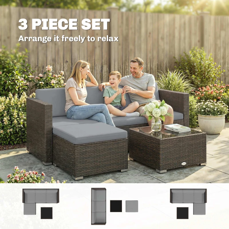 Outsunny 3 Pieces Garden Furniture Set w/ Cushions, PE Rattan Wicker Conversation Corner Sofa Set, Light Grey