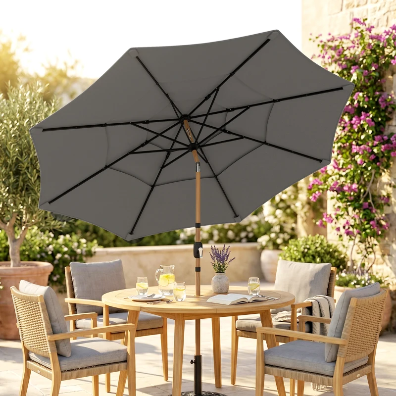 Outsunny Garden Parasol, Parasol Umbrella with 3-tier Roof, Crank Handle, Tilt Function, Polyester Canopy, Grey