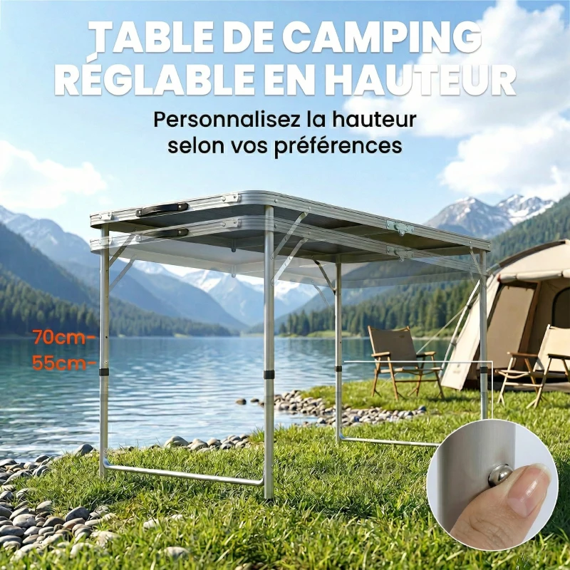 Outsunny Ensemble table et chaise de camping, Table de Camping avec 4 chaises Pliantes, 120x60x55-70cm Gris foncé