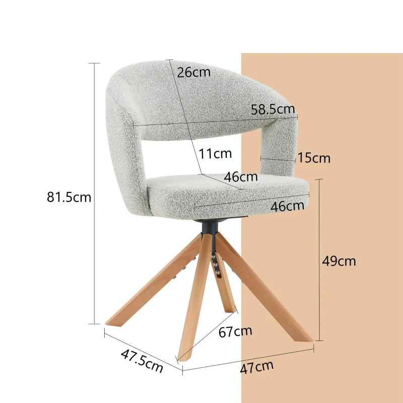 Lot de 2 chaises pivotantes rétro-luxe, patins feutre antidérapants, rotation 360° silencieuse, 47x47.5x81.5 cm, Couleur naturelle
