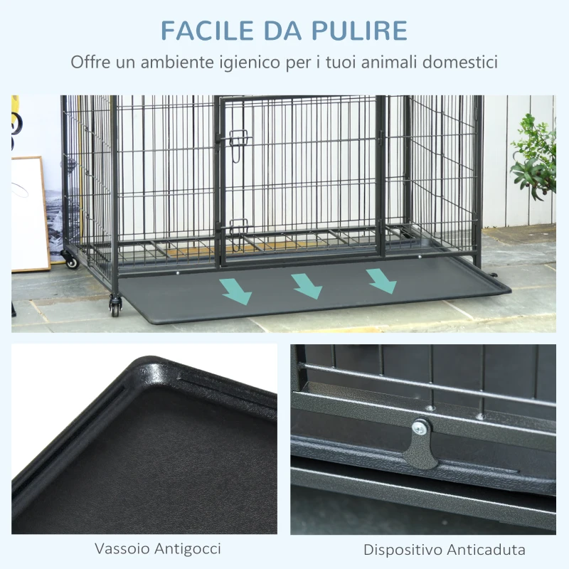 PawHut Kennel per Cani Pieghevole a Doppia Porta con Blocco, 4 Ruote con Freno e Fondo Rimovibile, 94x58x69.5 cm, Grigio