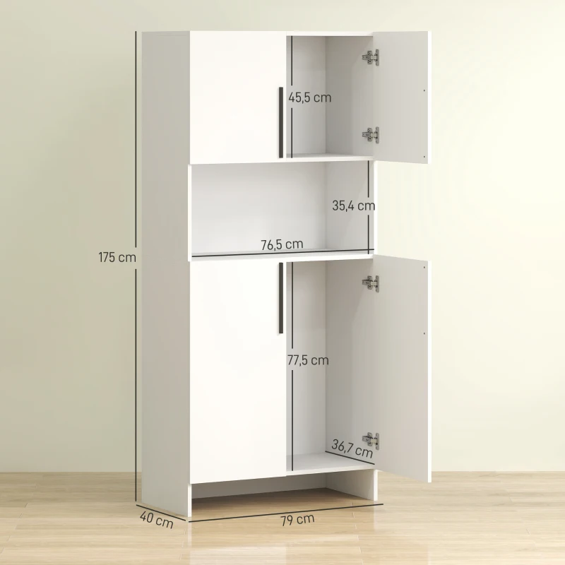 HOMCOM Keukenkast, voorraadkast voor keuken, woonkamer, eetkamer, kasten, planken, magnetronplateau, spaanplaat, wit(m-3)