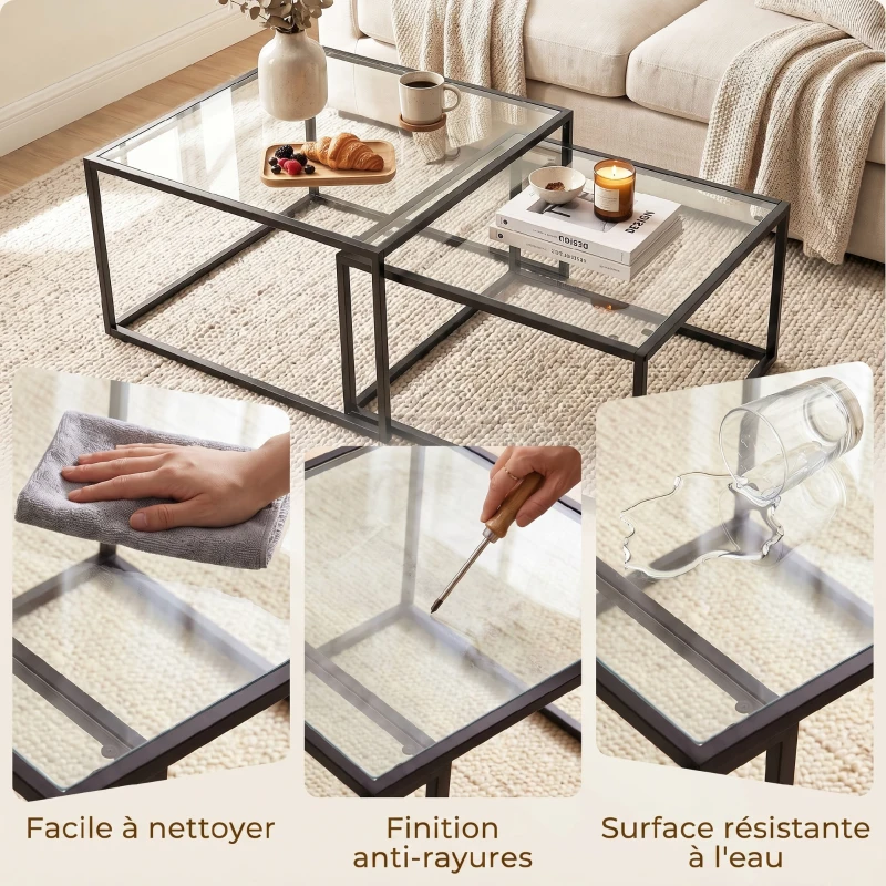 HOMCOM Lot de 2 tables basses gigognes, table de salon avec plateau en verre trempé et structure en métal, noir