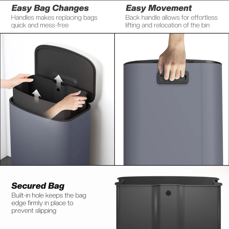 HOMCOM 50L Kitchen Bin with Soft-Close Lid and Stay-Open Function, Stainless Steel Pedal Bin with Removable Inner Bucket, Carry Handle for Kitchen, Office, Home, Grey