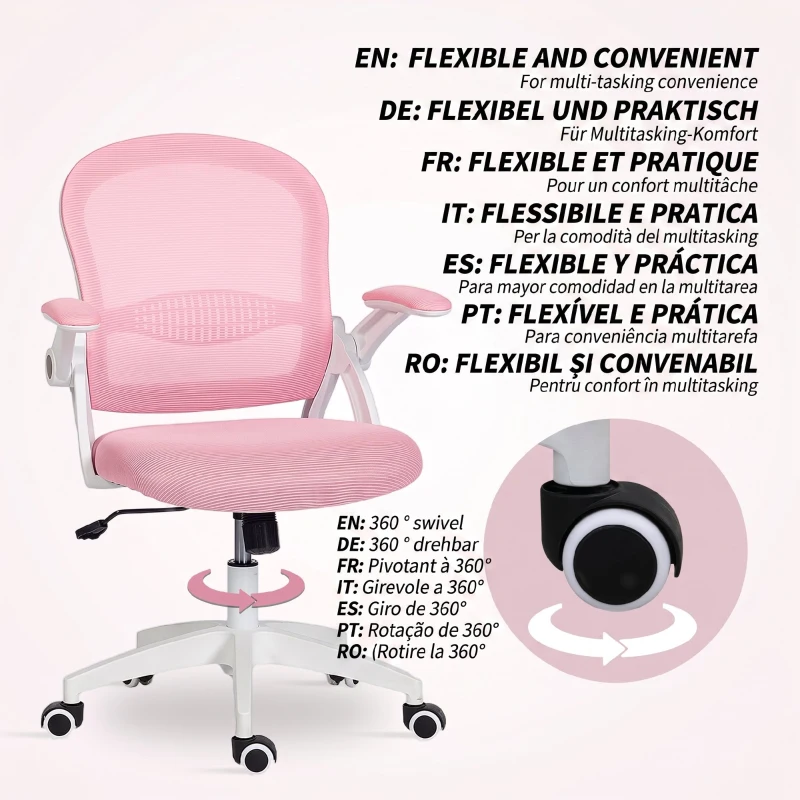 Vinsetto Scaun de birou ergonomic și reglabil cu spătar din plasă și șezut căptușit, 65.5x61.5x88-97.5 cm, roz