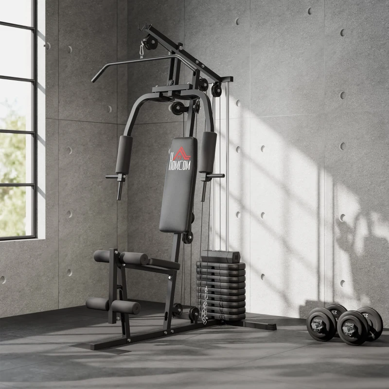 HOMCOM Máquina de Musculação com Pesos Ajustáveis de 45 kg, Press de Peito e Pernas, Polia, 135x103x200 cm, Preto