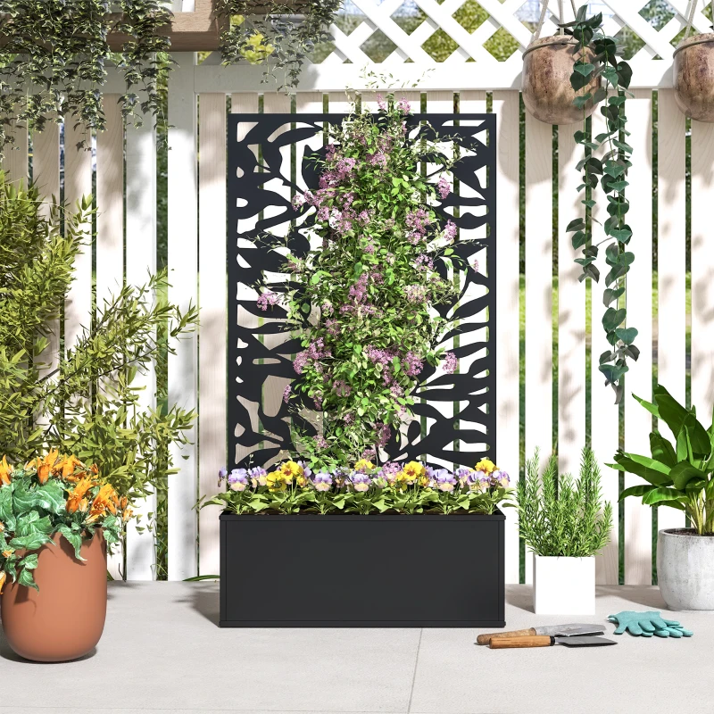Outsunny Floreira Elevada com Painel de Privacidade de Folhas Decorativas de Metal e Opção de Montagem na Parede 61x23x113 cm Preto