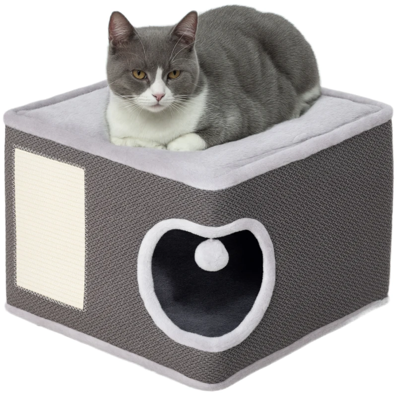 PawHut Tonneau griffoir chat arbre à chat avec plate-forme supérieur, en peluche et sisal 45 x 45 x 35 cm gris anthracite