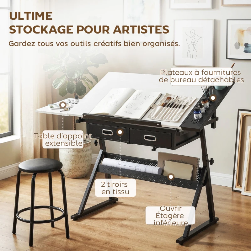 HOMCOM Table à dessin avec tabouret et 2 tiroirs, hauteur réglable, plateau inclinable 0° à 60°, 120 x 60 x 68-92 cm, blanc