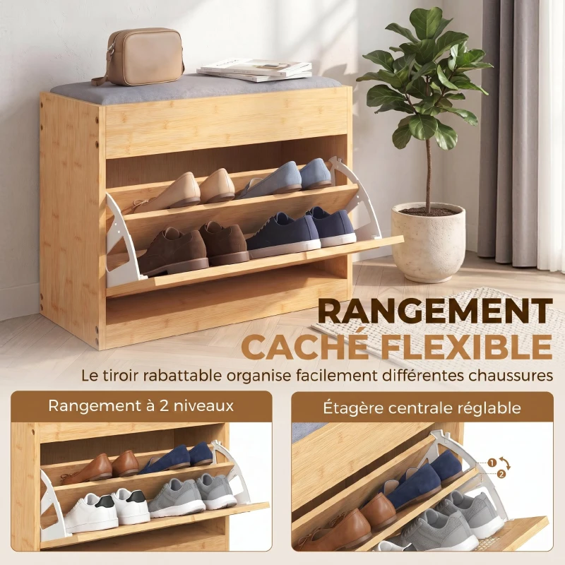 HOMCOM Banc chaussures entrée, banc de rangement en bambou, assise rembourrée, porte en rotin et étagère réglable, bois naturel