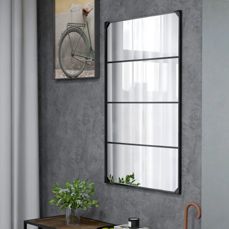 HOMCOM Specchio da Parete in Stile Industriale con 4 Ganci, in Vetro Multistrato, Metallo e MDF, 109x2x69 cm, Nero
