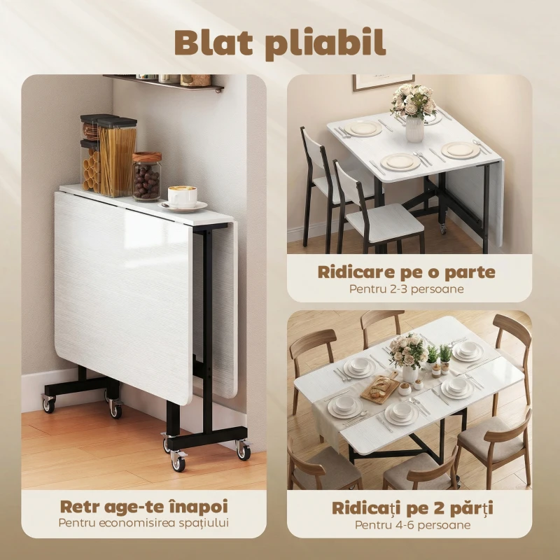 HOMCOM Masă pliabilă pentru 4-6 persoane cu 2 extensii și roți cu frână, 120x80x73 cm, alb cu aspect de lemn
