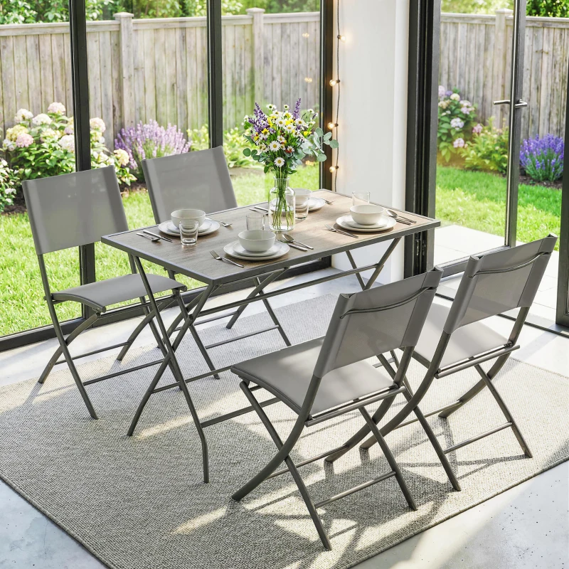 Outsunny Tuinmeubelset Inklapbaar Eetset 5-delig Tafel met 4 Ademende Stoelen Houtlook Ruimtebesparend