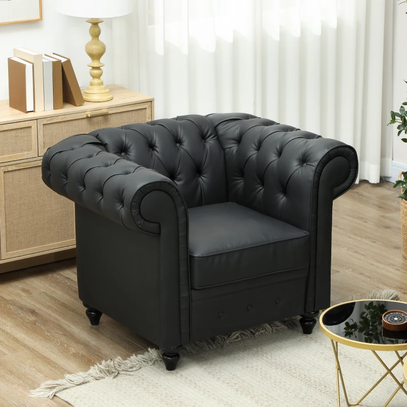 HOMCOM Poltrona da Salotto Stile Chesterfield in Finta Pelle PU con Gambe in Legno, Nero