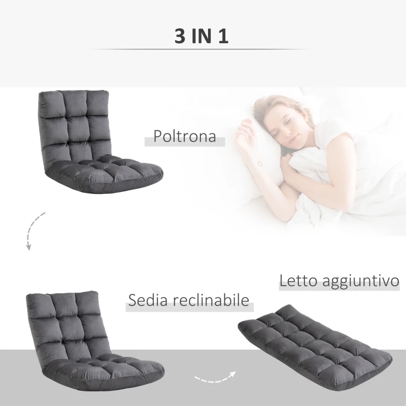 HOMCOM Poltrona da Terra in Velluto con Schienale Reclinabile fino 180° e Imbottitura Spessa, 55x71x53.5cm, Grigio Scuro