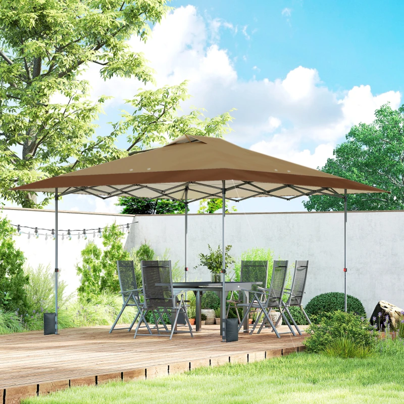 Outsunny Tenda Dobrável Pop-up 4x4 m com Bloqueio Central UPF50+ Altura Ajustável Sacos de Areia e Bolsa com Rodas Bege e Castanho