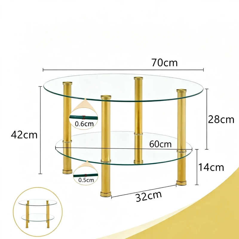 Table basse en verre à deux niveaux, design luxe discret, structure métallique robuste, 70x70x42 cm, Transparent