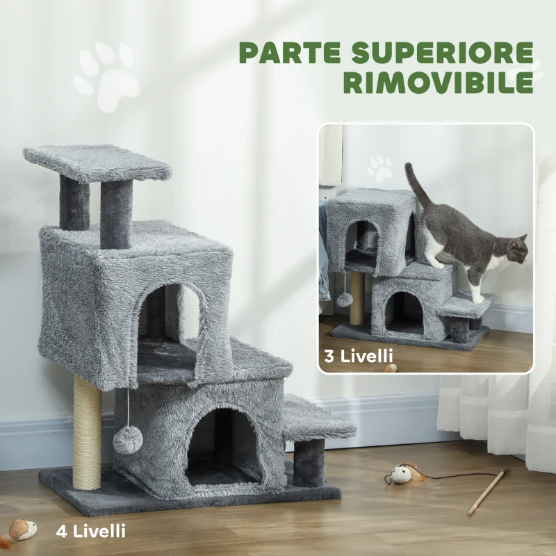 PawHut Scaletta per Gatti a 4 Gradini Regolabile in Altezza con 2 Casette, Palo Tiragraffi e Pallina, Grigio