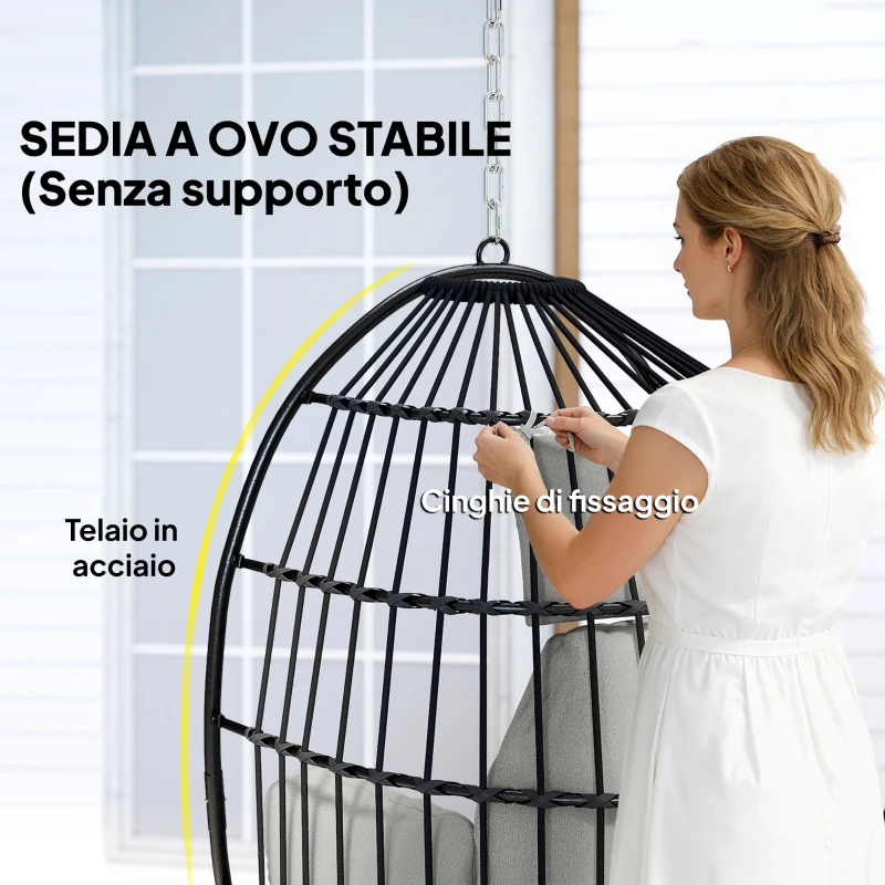 Outsunny Poltrona Sospesa a Uovo con Cuscino e Poggiatesta, in Acciaio e Poliestere, 75x62x107 cm, Grigio