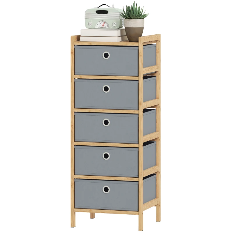 HOMCOM Chest of Drawers, 5 Fabric Drawers Narrow Dresser with Bamboo Frame, Light Grey