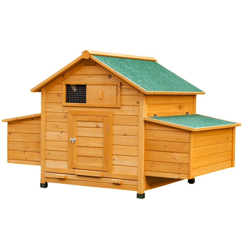 PawHut Poulailler en bois accueillant 4 poules, cage à poules avec pondoir, toit imperméable ouvrable, tiroir amovible, jaune