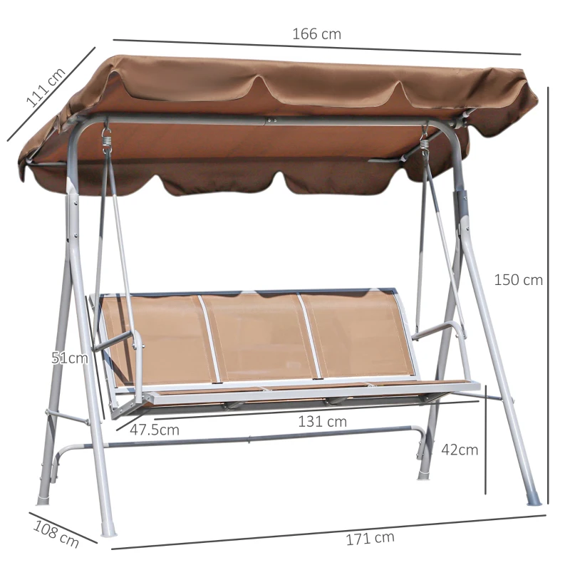 Outsunny Columpio Jardín Exterior Balancín Jardín Exterior de 3 Plazas con Toldo Ajustable Respaldo Transpirable y Marco de Metal para Terraza Balcón Carga 240 kg 171x108x150 cm Marrón