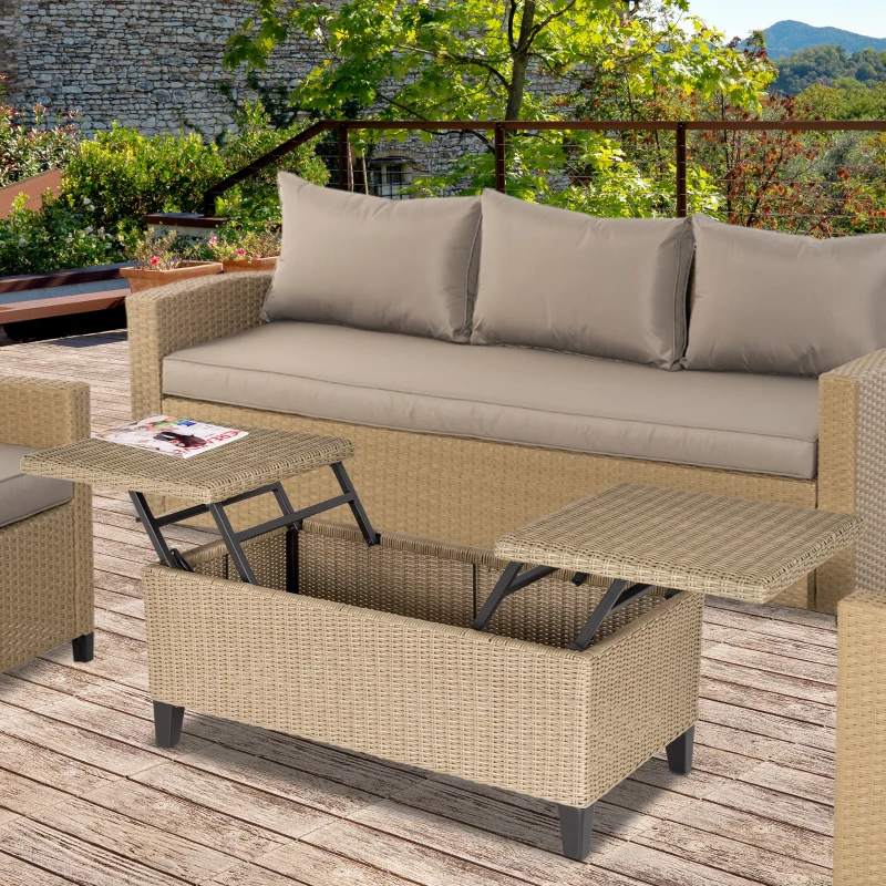 Outsunny Garten-Beistelltisch, Aufbewahrungskiste mit Stauraum, Rattanoptik, Stahlrahmen, khaki, 103 x 50 x 45,5 cm