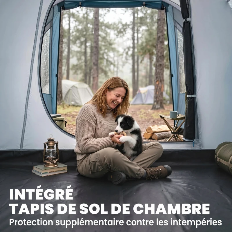 Outsunny Tente de camping familiale 3 personnes, tente tunnel imperméable, 2 portes fenêtres, ventilée 4,6 x 2,6 x 1,9 m, bleu