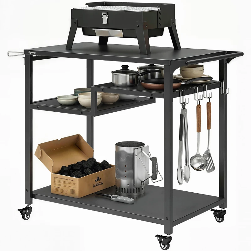 Outsunny Outdoor Grill Cart, Three-Tier Pizza Oven Stand  with Steel Tabletop, Hooks, Rubbish Bag Holder, Wheels, Black