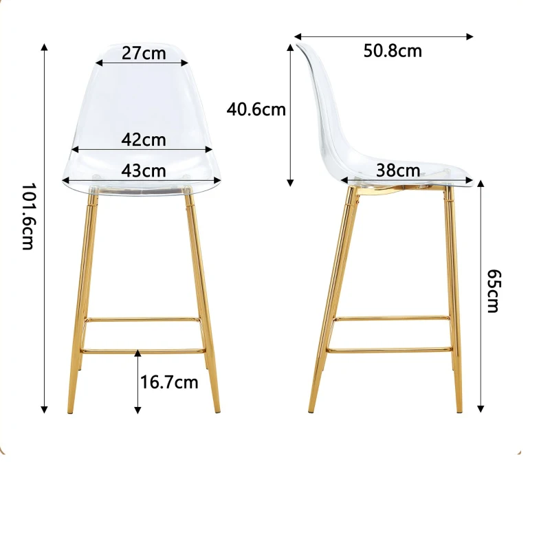Lot de 4 tabourets de bar transparents, design moderne et aérien, 51x45x102 cm, Doré
