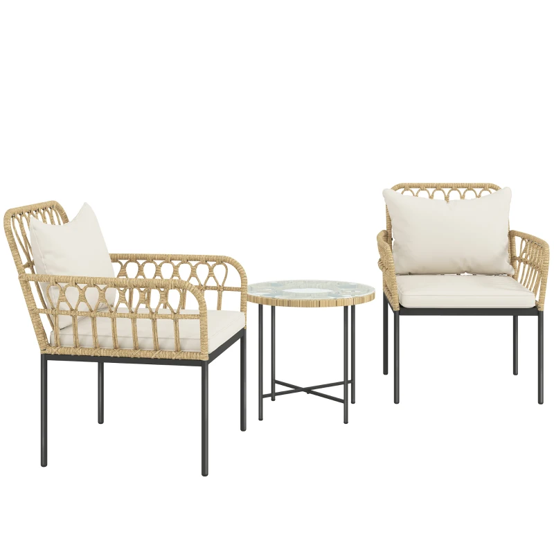 Outsunny 3 Piece Rattan Bistro Set, Wicker Garden Furniture Set with Cushions, Glass Top Coffee Table and Chairs for Outdoor, Patio, Balcony, Beige