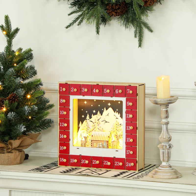 HOMCOM Calendrier de l'Avent LED, décorations de Noël en bois, 24 tiroirs à remplir, décoration lumineuse, rouge
