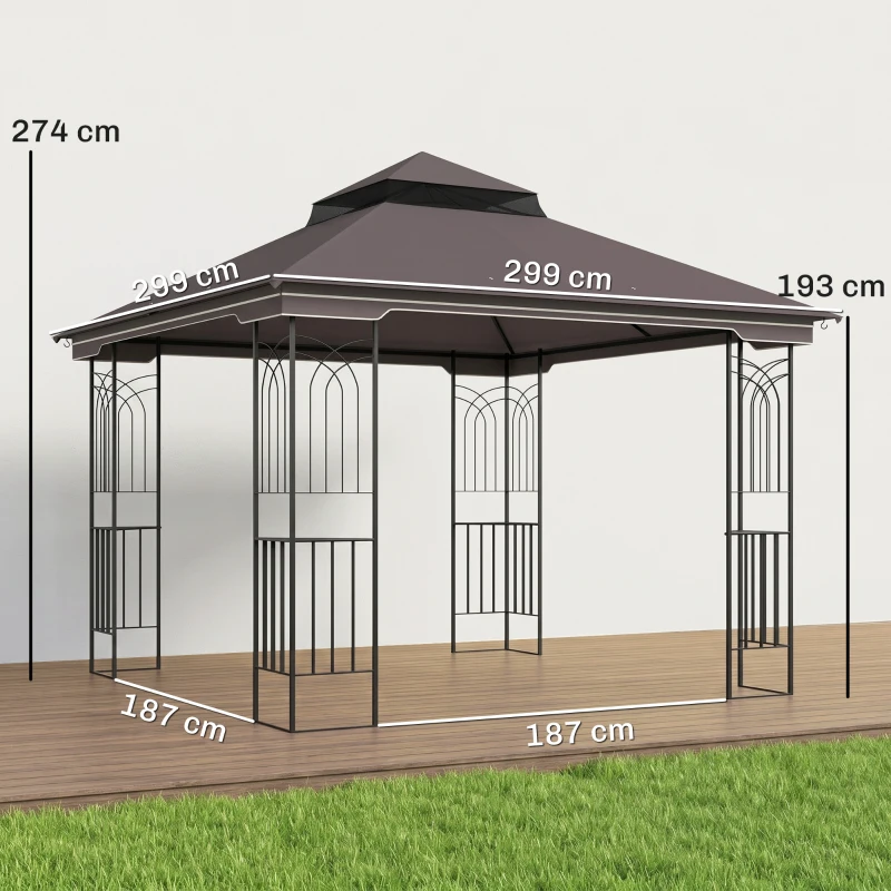 Outsunny Gazebo da Giardino 3x3m con Zanzariera e Tetto a 2 Livelli, Mensole Laterali e Ganci, Caffè