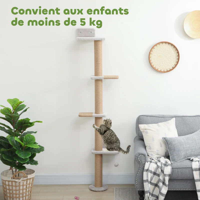 PawHut Étagères Murales pour Chat 180 cm, 4 Plateformes d'Escalade, Poteau à Griffer en Jute et Jouet Suspendu, Gris Clair