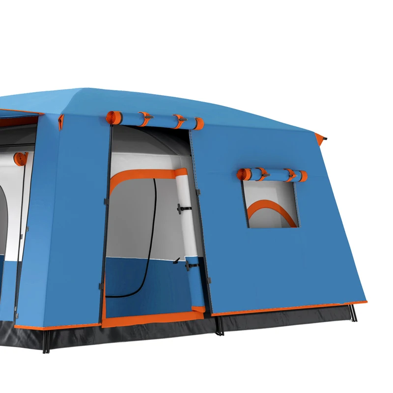 Outsunny Tente de camping familiale 4 personnes, tente tunnel , portes + fenêtres, 4,3 x 3 x 1,95 m, bleu