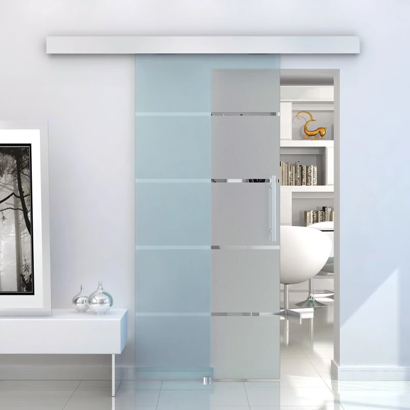 HOMCOM Porta Scorrevole Interna in Vetro Smerigliato e Satinato con Binario B2 e Maniglia per Bagno Cucina Studio Vetro 205x 102.5x 0,8cm