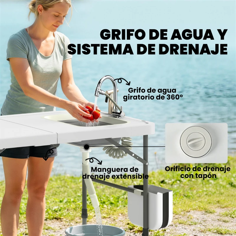 Outsunny Mesa Plegable Camping con Fregadero Grifo Altura Regulable Cubo Plegable Ranuras Regla y Bolsa de Transporte