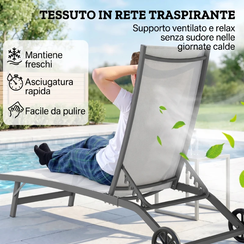 Outsunny Set 2 Lettini Prendisole con Schienale Reclinabile, in Alluminio e Tessuto Traspirante, 66x165x102 cm, Crema
