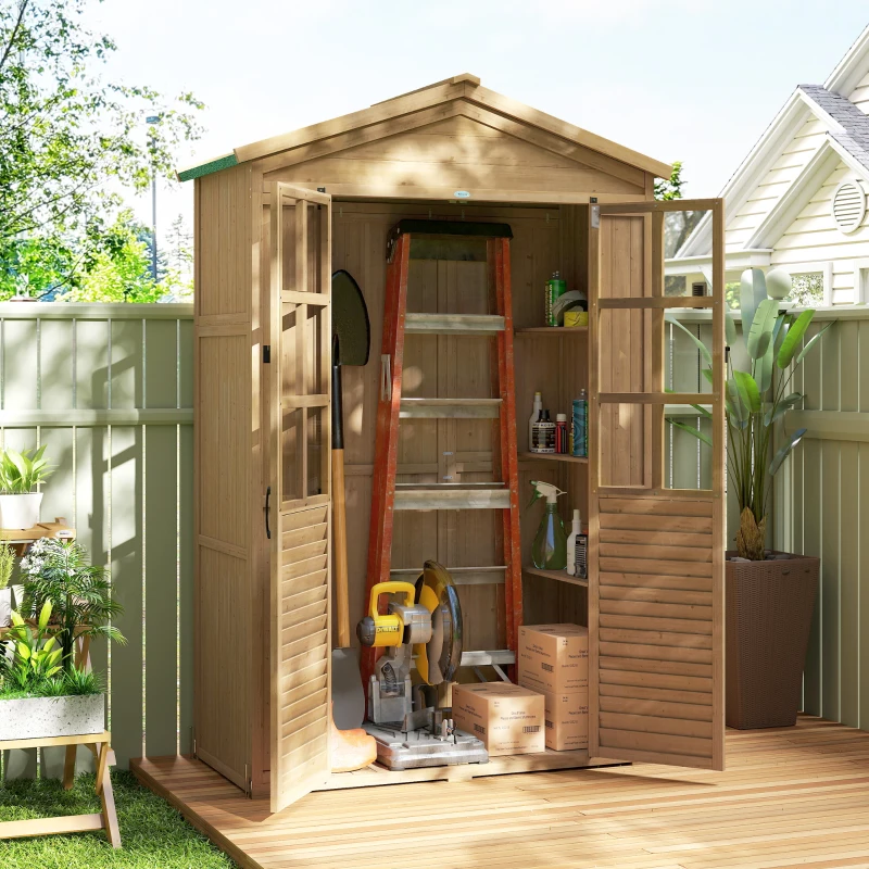 Outsunny Outdoor Wooden Storage Cabinet, Garden Tool Shed with Acrylic Windows for Patio, Light Brown