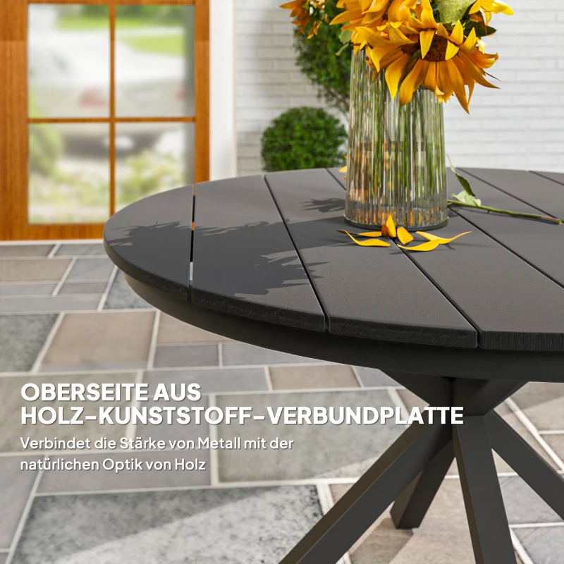 Outsunny Tuintafel Ø118cm, weerbestendige balkontafel van aluminium, bijzettafel met gekruiste poten en lattenontwerp, zwart