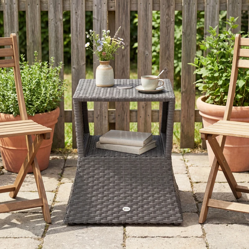 Outsunny Rattan Outdoor Coffee Table, Wicker Garden Patio Bistro Side Table with Umbrella Hole and Storage Space, Dark Grey