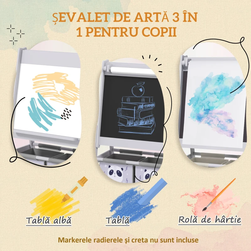 AIYAPLAY Tablă pentru Copii 3-În-1 cu 2 Rafturi și Șevalet din Lemn pentru Copii de 3-8 Ani, 54x46,5x93 cm, Roz