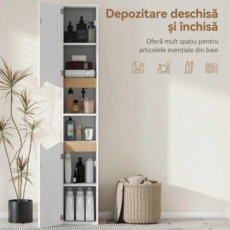 HOMCOM Mobilier de Baie Îngust și Înalt cu 2 Uși, 2 Rafturi - Alb