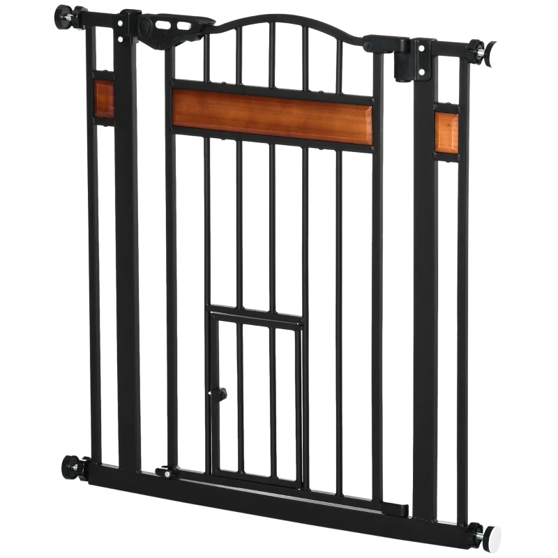 PawHut Pet Gate Safety Gate, with Cat Flap, Auto Close, for Staircases, Doorways, Hallways, 74-80cm Wide - Black