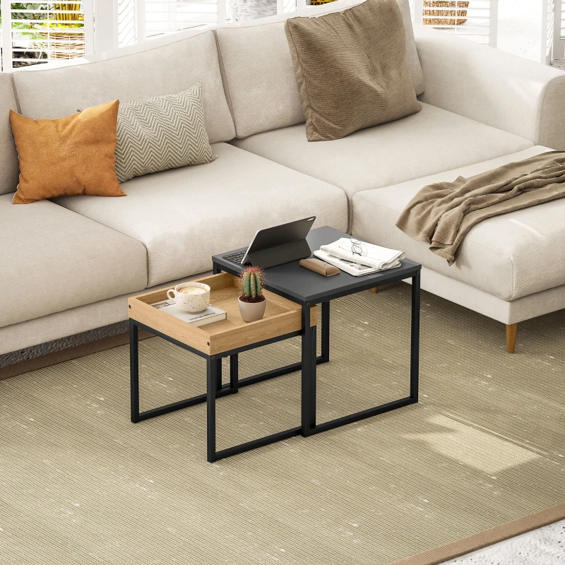 HOMCOM Modern Salontafel, 2-Delige Set, Vierkant, MDF, Metaal, Zwart, voor Kleine Ruimtes