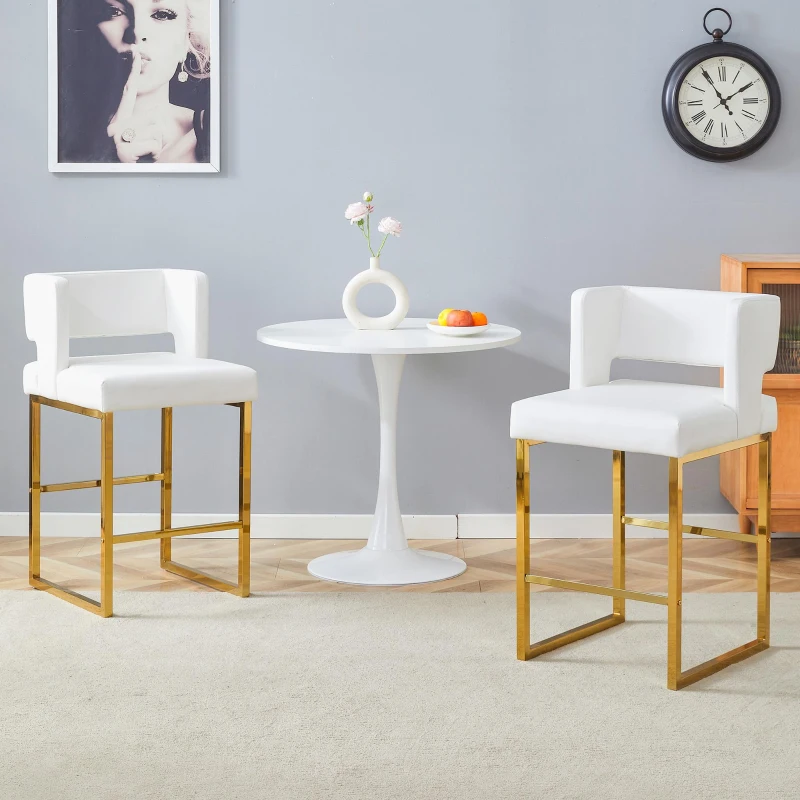 Lot de 2 tabourets de bar nordiques, design carré moderne, imperméable et facile à nettoyer, 48x53.3x91.4 cm, Blanc+Or