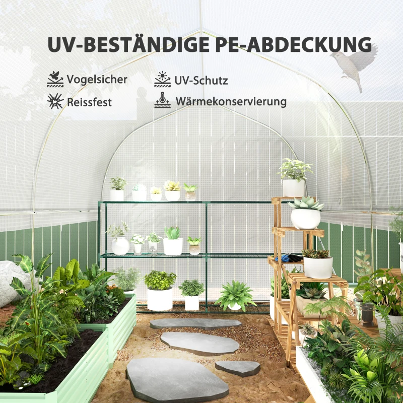 Outsunny 3 x 2 x 2 m polytunnelkas met oprolbare zijwanden, UV-bestendige kunststoffolie en stalen frame, Wit