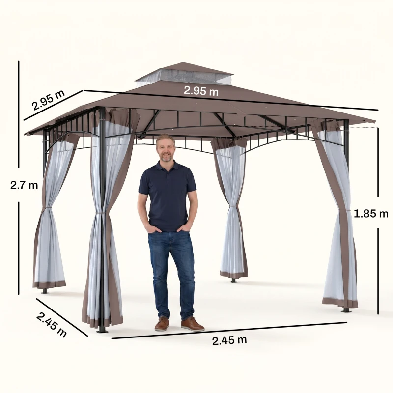 Outsunny 3 x 3 meter Patio Metal Gazebo Square Outdoor Party Wedding Canopy Shelter w/Mesh - Brown