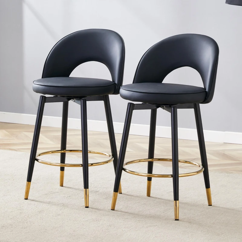Tabouret de bar pivotant 360°, dossier ajouré design, lot de 2, 44x44x91.5 cm, Noir