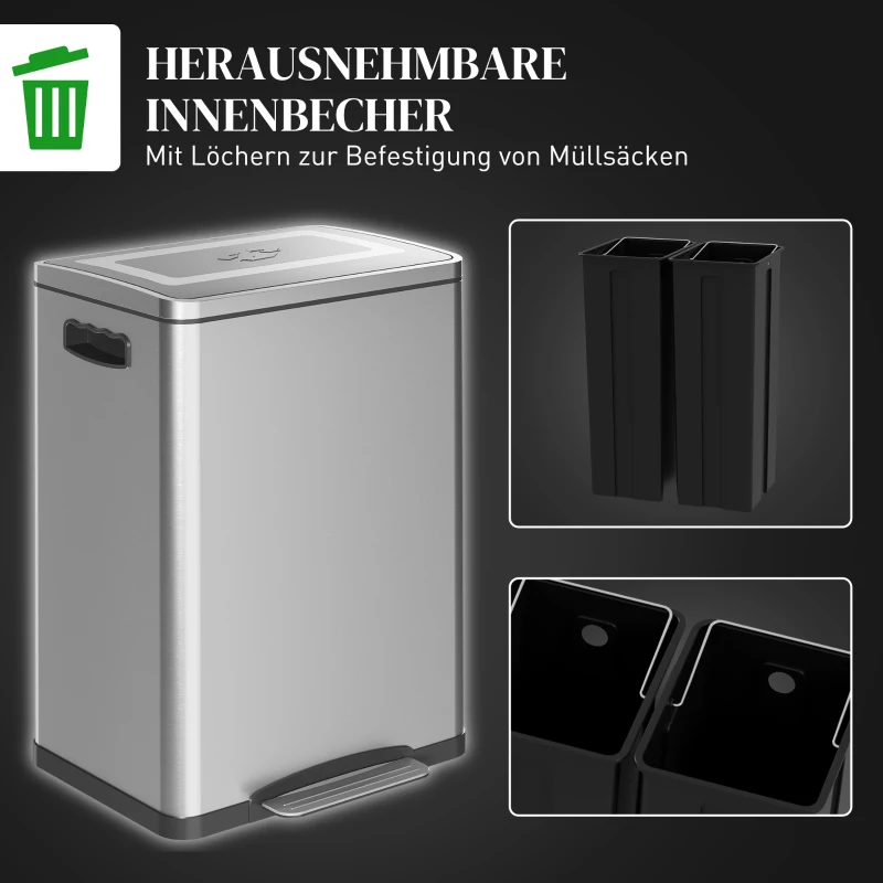 HOMCOM Prullenbak met Deksel en Voetpedaal, Roestvrij Staal, 2x 20 Liter Compartimenten, Zilver(m-6)
